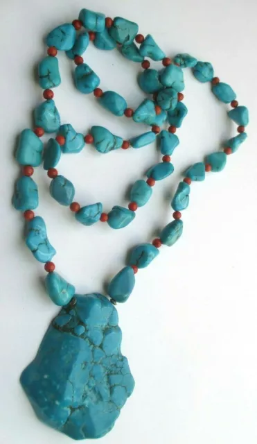 Magnifique grand collier sautoir pendentif vraies perles turquoise bijou vintage