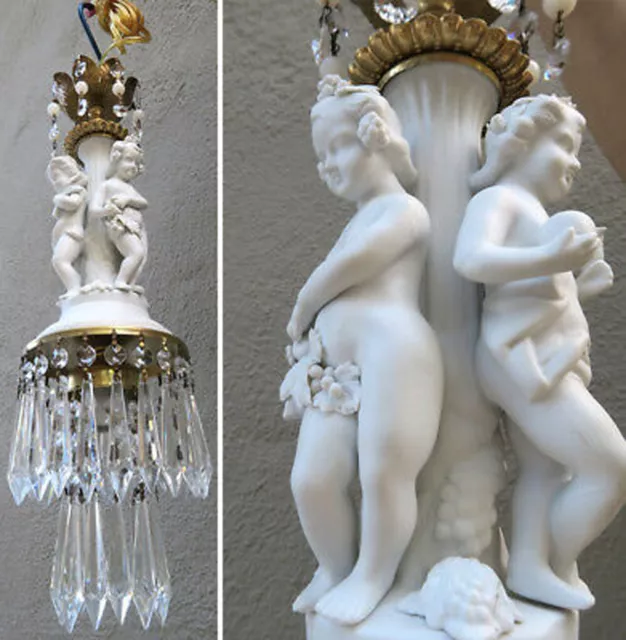 Bisque Porcelain nude Cherub SWAG lamp PARIAN crystal Beaded Opaline grape bird