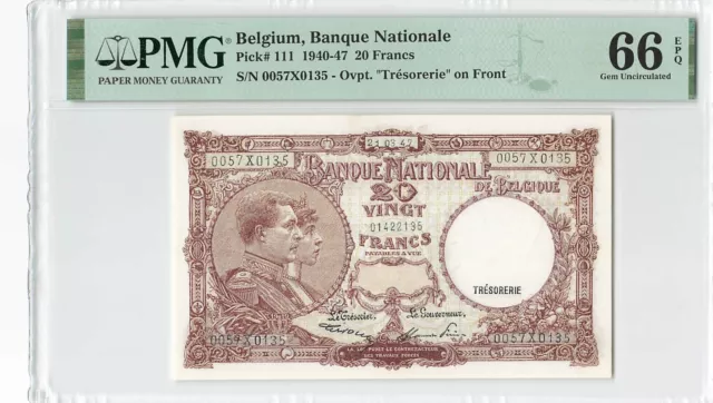 Belgium 20 Francs 1947 P-111 PMG 66 EPQ