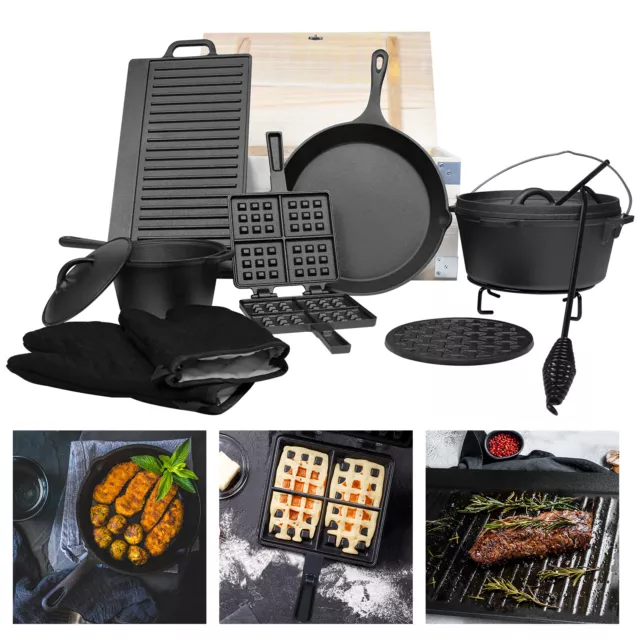 Dutch Oven Set in Holzkiste 11-teilig Kochset Gusseisen Grillplatte Feuertopfset
