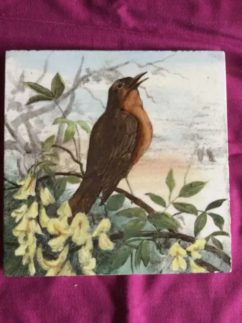 ANTIQUE MINTON PRINTED AND PAINTED TILE WITH BIRD c.1890 L.T.SWETNAM