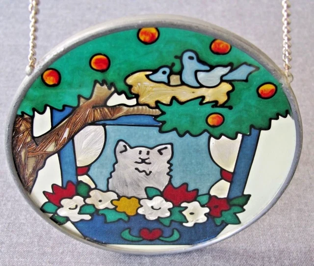 Vintage Huge Artisan Hand Painted Kitten Cat Glass Window Hanging Adornment