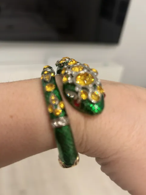 Roberto Cavalli Snake  Green Cuff Bracelet With Yellow Swarovski Crystals