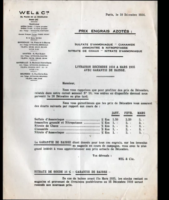 PARIS (VIII°) PRODUITS CHIMIQUES / ENGRAIS Azotés "WEL & Cie" TARIFS en 1934