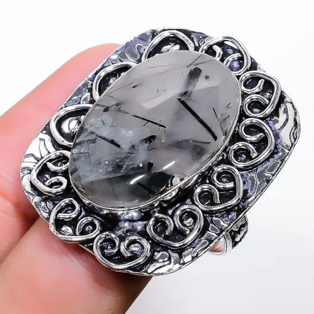 Black Rutile Gemstone Handmade 925 Sterling Silver Jewelry Ring Size 10.5 Easter
