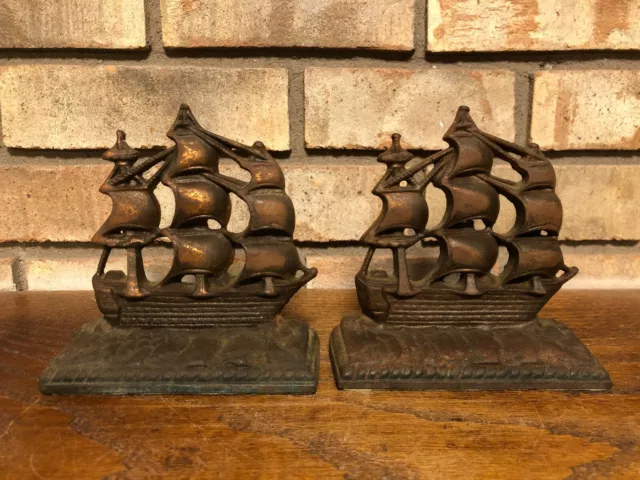 Antique C.1920'S Cast Iron Old Ironside Uss Constitution Sailing Ship Bookends!