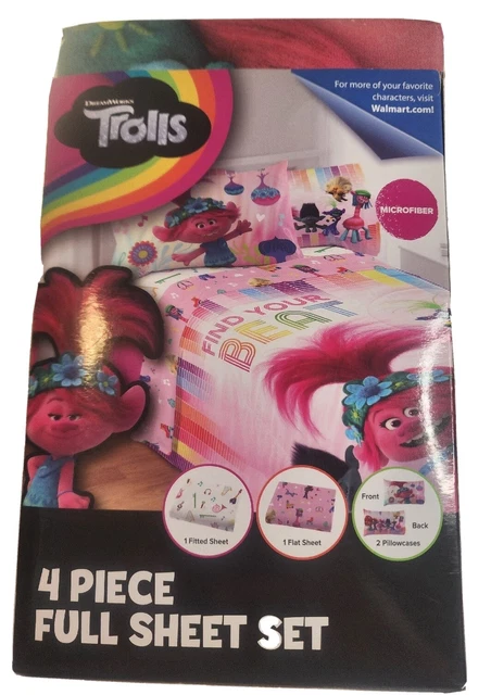 Juego de hojas completas para niños trolls, rosa y blanco, Dreamworks 4 piezas