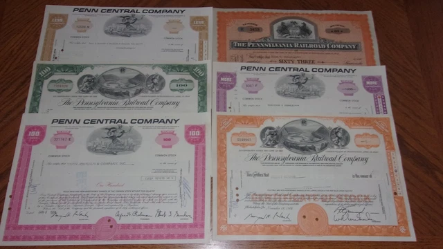 Lot of 6 Different Railroad Stock Certificates