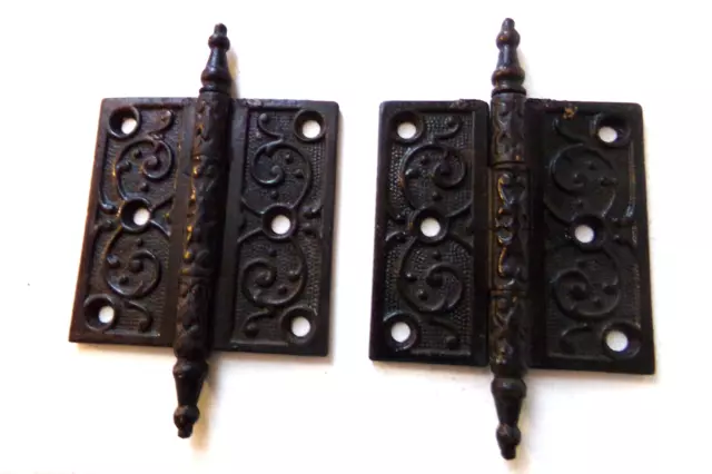 2 Old Door Hinges 3 1/2 X 3 1/2" Antique Steeple Top Pin Clean Vintage Cast Iron