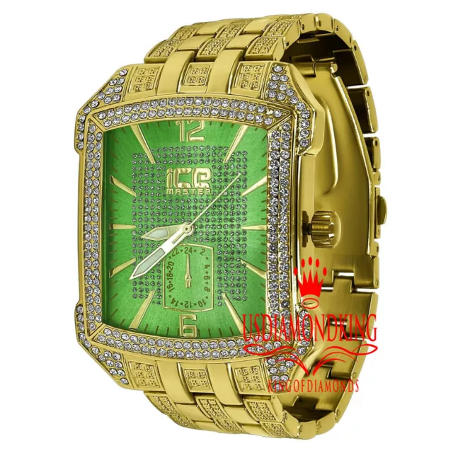 Mens Green Dial Gold Tone Rectangular Simulated Diamond Metal Band Stael Watch