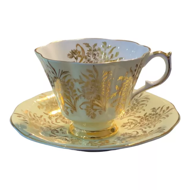 Queen Anne Bone China Teacup & Saucer Yellow & Gold England # 374