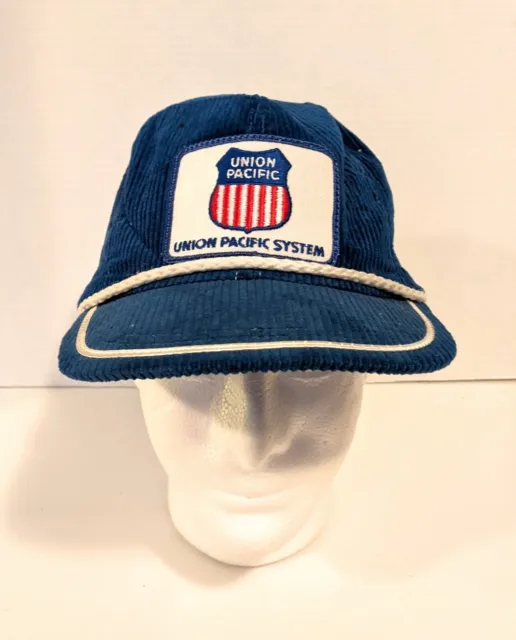 Vtg Union Pacific System Railroad Embroidered Blue Corduroy Hat Cap Snapback USA