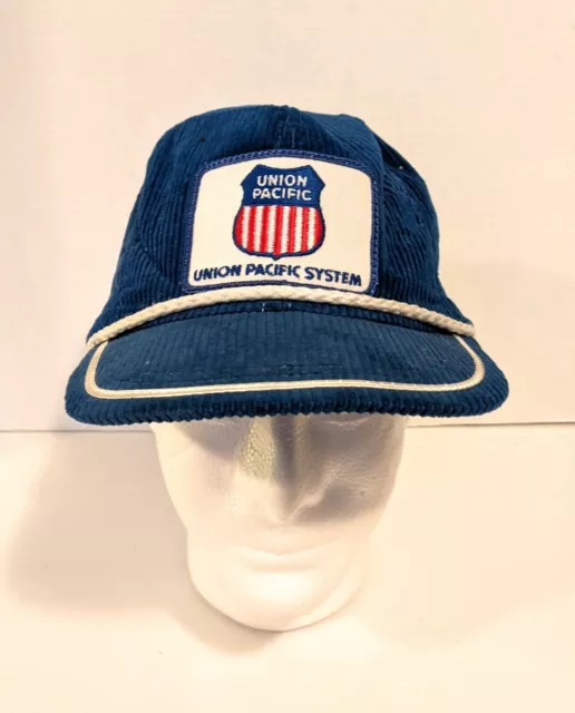 Vtg Union Pacific System Railroad Embroidered Blue Corduroy Hat Cap Snapback USA