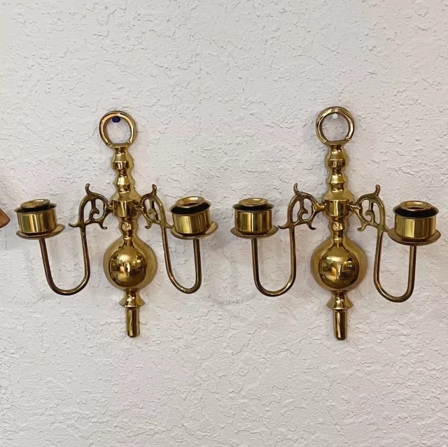 Vintage Mid 20th Century Gold Brass Double Candlestick Holder Scones - A Pair