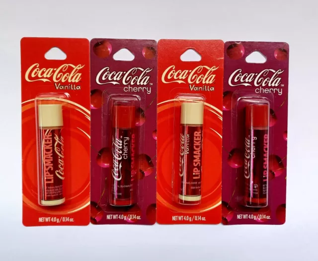 4 Lip Smacker Coca Cola Vanilla And Cherry Flavored Lip Balm.