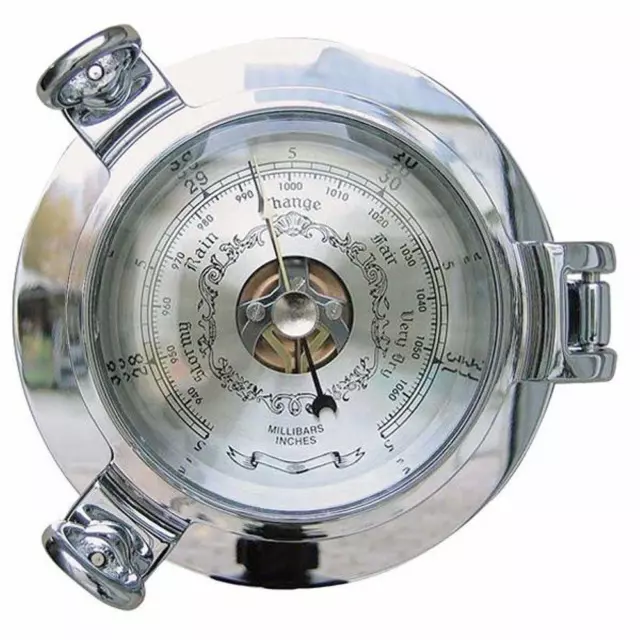 Barometer im Bullauge, Schiffsbarometer, Dosenbarometer vernickelt Ø 14 cm