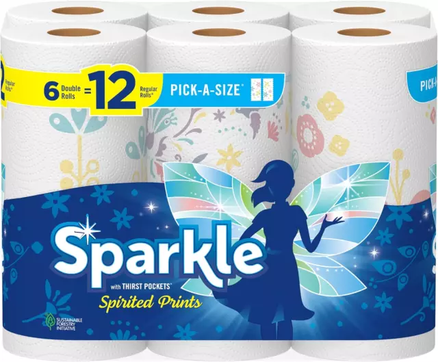 Sparkle Pick-A-Size Paper Towels Spirited Prints 6 Double Rolls = 12 Regular