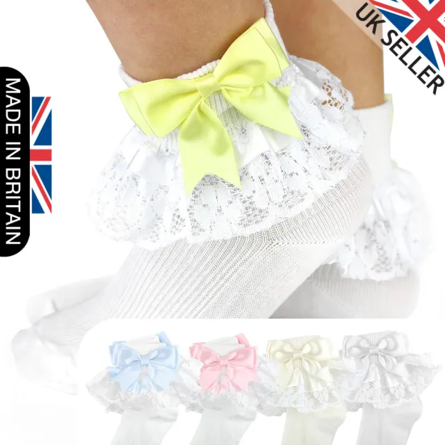 Girls Baby Spanish Bow Socks Double Ribbon Bow Frilly Lace Ankle Socks New Kids