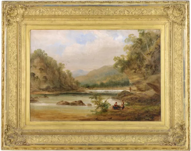 Figures in a River Landscape Antique Oil Painting 19th Century British School