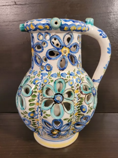 Faience Puzzle Jug Pitcher Hand Painted 9 1/2"