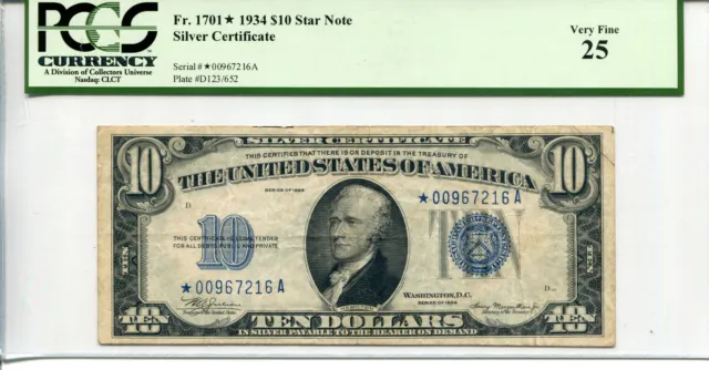 1934 $10 Silver Certificate **STAR** PCGS VF25 Very Fine 25 #*00967216A