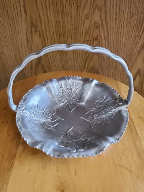 Vintage Farber & Shlevin Hand Wrought Aluminum Basket With Handle Floral Design