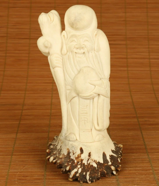 unique chinese old hand carved god of longevity deer horn statue collectable