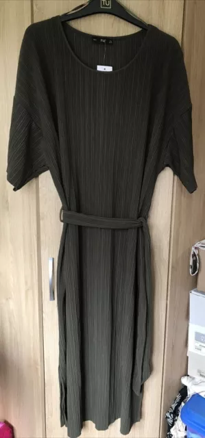 Florence & Fred Olive Green Ribbed Dress with Side Splits & Belt Size 16 BNWT