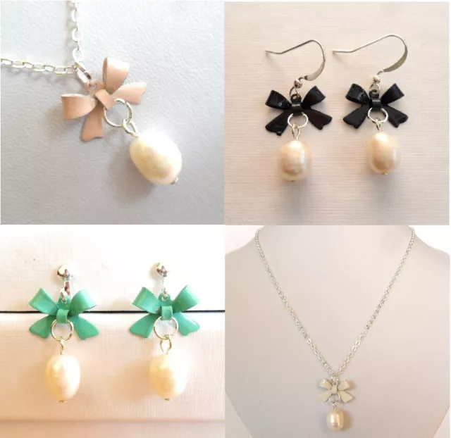 Genuine Pearl Earrings Necklace Set, Tiny Bow, Gift,Box, Clip on /  Pierced, UK