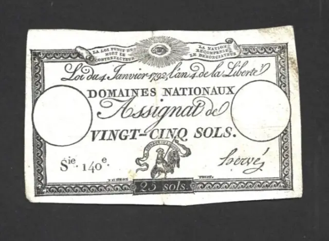 25 Sols Very  Fine Banknote From France  1792  Pick-A55