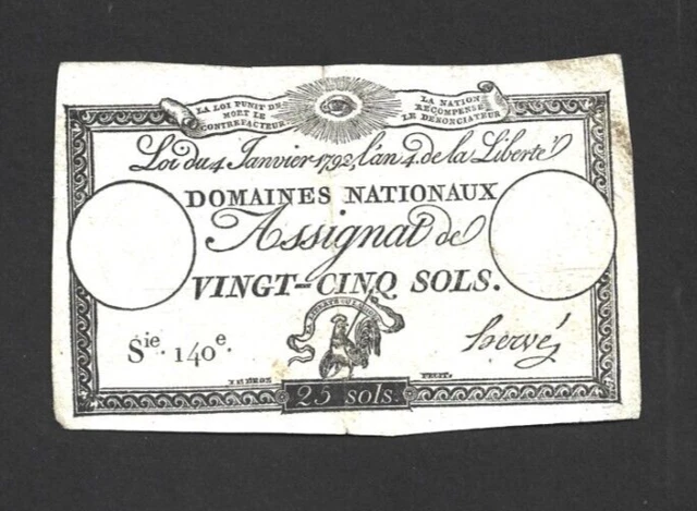 25 Sols Very  Fine Banknote From France  1792  Pick-A55
