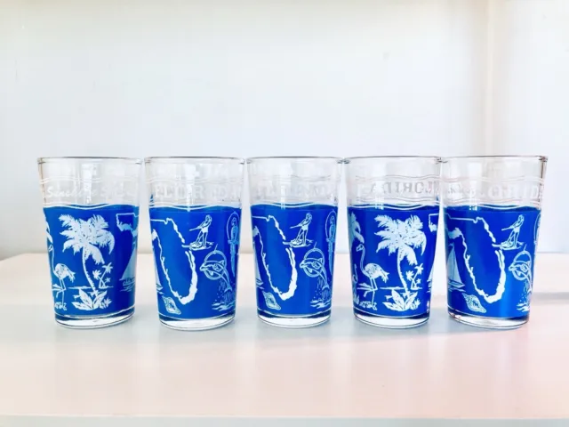 5 VINTAGE FLORIDA SOUVENIR DRINKING GLASSES Blue and White Tumblers