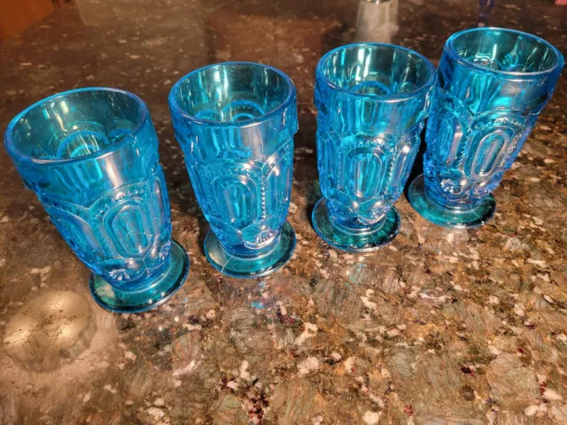 VINTAGE LE SMITH BLUE 5-1/2" MOON & STARS GLASS  FOOTED 4 TUMBLERs