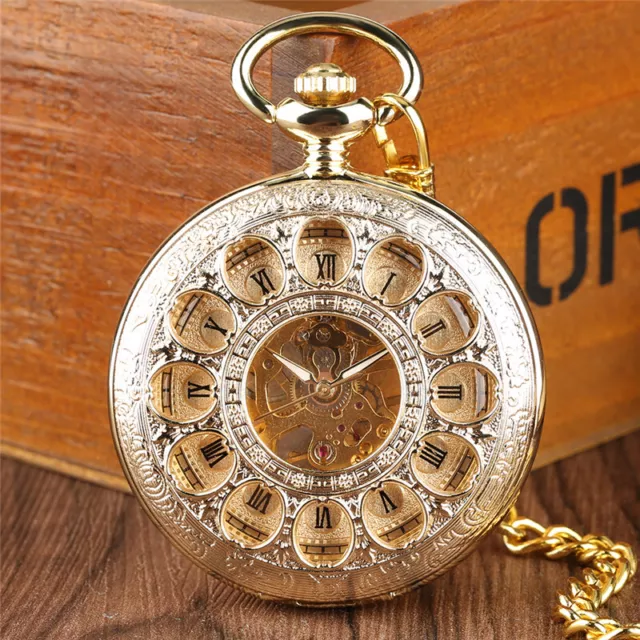 Vintage Style Mechanical Hand-wind Pocket Watch Hollow Steampunk with Fob Chain