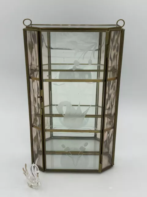 Vintage Mirrored Brass & Glass Jewelry Box Trinket Curio Cabinet SWAN Print