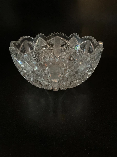 Antique American Brilliant Period ABP Deeply Cut Glass 9" x 4" Bowl Hobstar 2