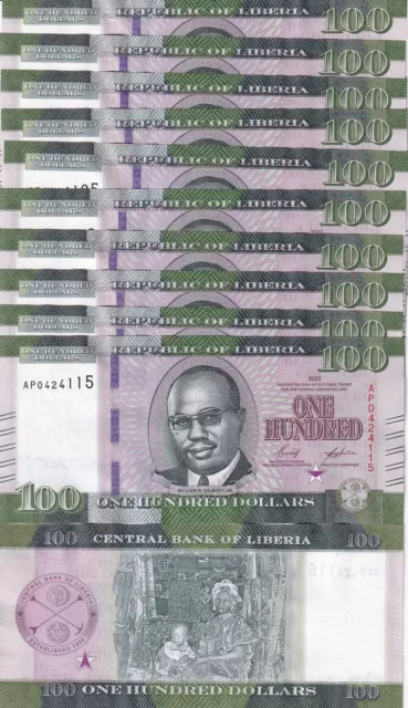 Liberia 100 Dollars 2022 / 2023 P 41 UNC LOT 10 PCS