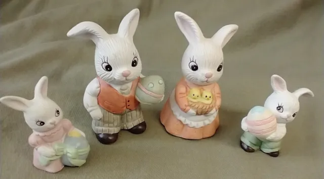 Vintage Easter Bunny Family Ceramic Figurines Set/4 Rabbits Chicks Eggs Spring