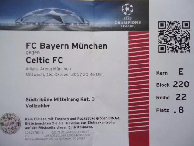 TICKET UEFA Champions League 2017/18 Bayern München - Celtic FC