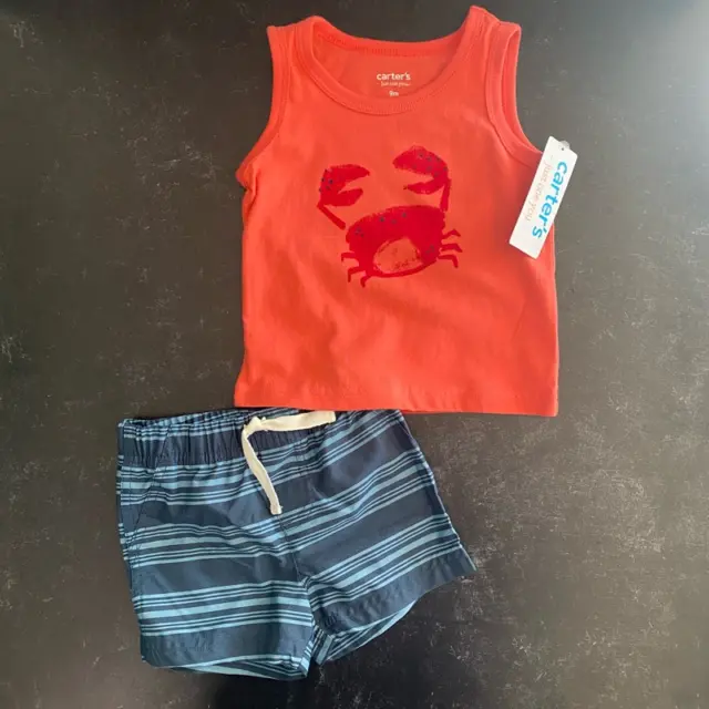 Carters 2 Piece Shorts Set Baby Boy's Multicolor Striped Crab Tank 9 Months New