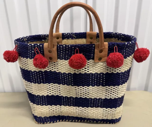 Mar Y Sol Pompei Tote Bag Handmade Woven Raffia Basket Pom Poms Gingham EUC