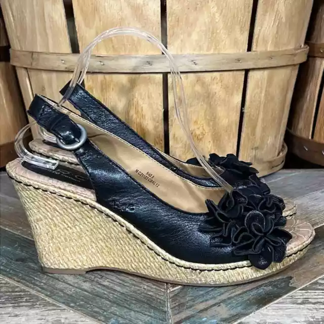 BOC Litzy Floral Black Leather Slingback Peeptoe Wedge Sandals Womens Size 9