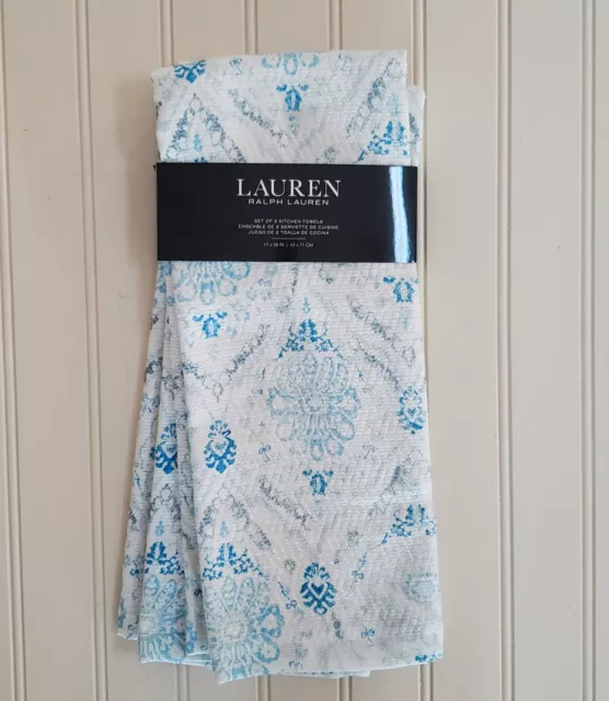 Ralph Lauren Kitchen Towels Set of Two 17x28 BLUE & WHITE 100% cotton New