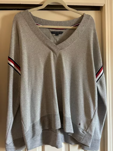 Tommy Hilfiger Sparkly V Neck Pullover Gray Size XL Red White Blue Stripe On Arm