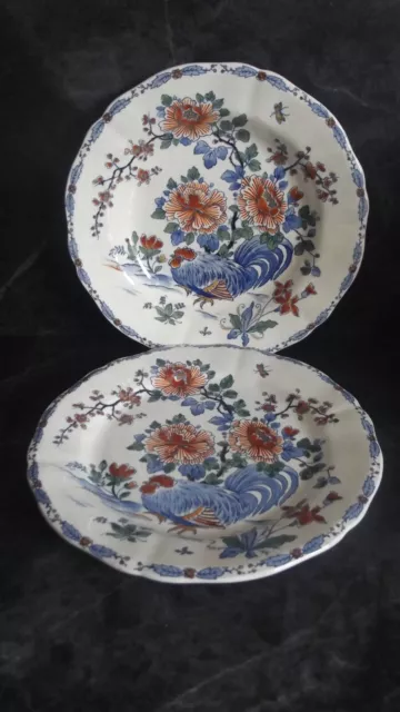 Paire D' Assiettes faïence Gien au coq et à la pivoine  Marque creux XIX ème
