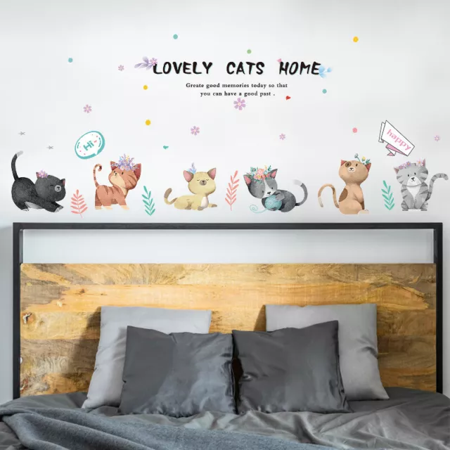 Removable Wall Stickers Lovely Cats Floral Wreath Living Room Decor DIY AU