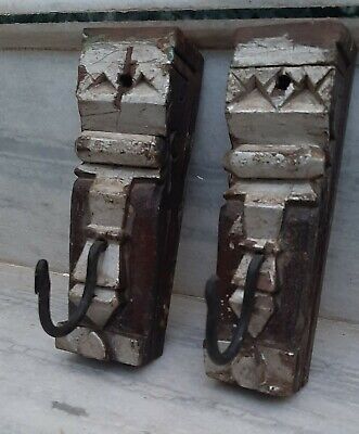 Antique wooden hand carved wall hangers painted hanging hooks old pair decor art 2