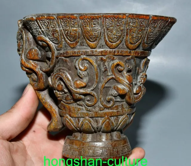 5.5" Old Chinese Ox Horn Sculpture Dragon Beast Pattern Wine Cup Mug Sculpture