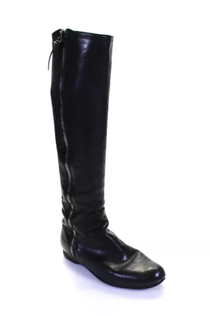 Miu Miu Womens Leather Side Zipped Round Toe Knee-High Boots Black Size EUR38.5