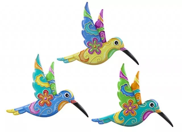 3 x Colourful Humming Bird Metal Garden Hanging Fence Ornament Decoration 19cm